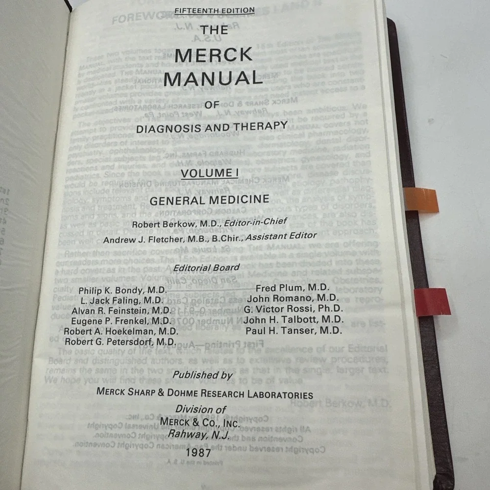 Merck Manual Vol 1‎ General Medicine 1987 15th Edition Leatherette